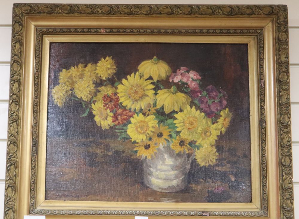 T. Peskett, oil on canvas board, Still life of flowers in a jug, 40 x 50cm